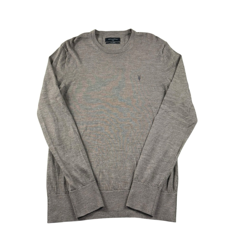 AllSaints Mens Gray Merino Wool Ram Logo Knit Crewneck Pullover Sweater Size L
